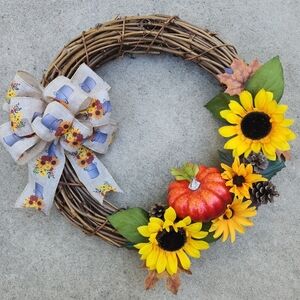 Handmade Autumn Grapevine Wreath with Sunflowers and Pumpkin